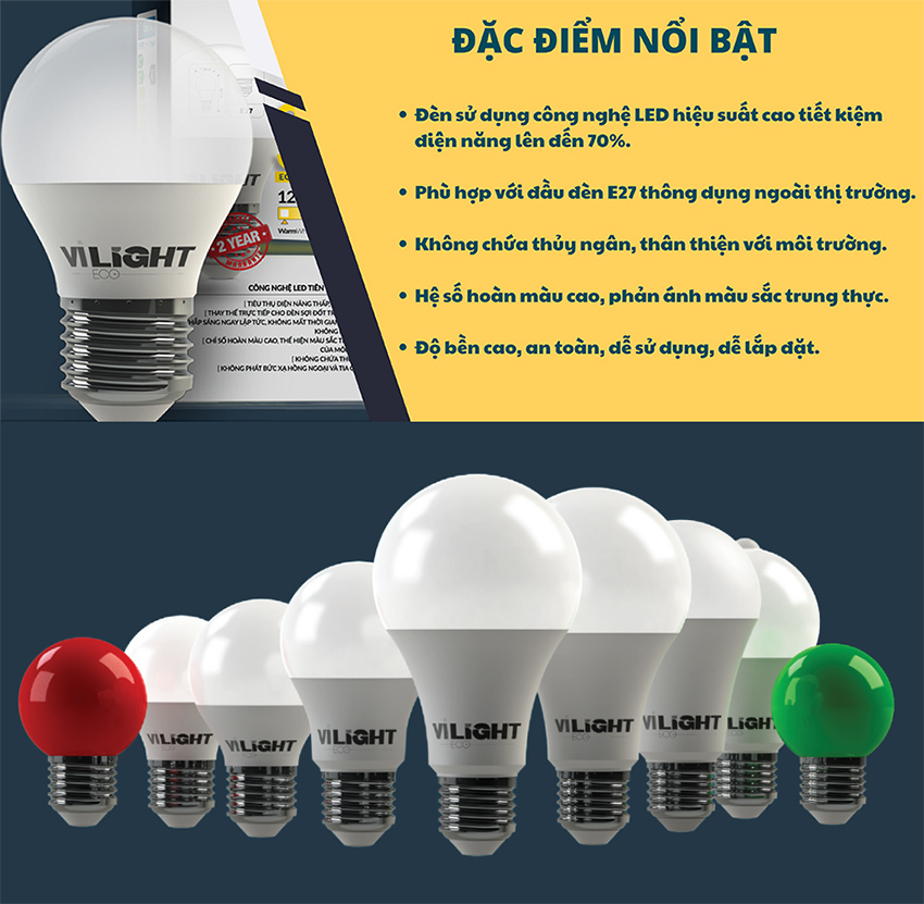 Đèn Led Bulb 40W VLEBL40AL1 VI-LIGHT trụ nhôm (ánh sáng trắng) 2