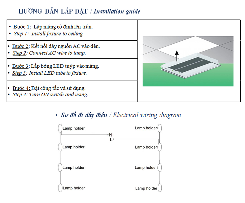 Lắp đặt Máng đèn xương cá 600x600mm 4 bóng 0,6m VLMĐ606004 VI-LIGHT