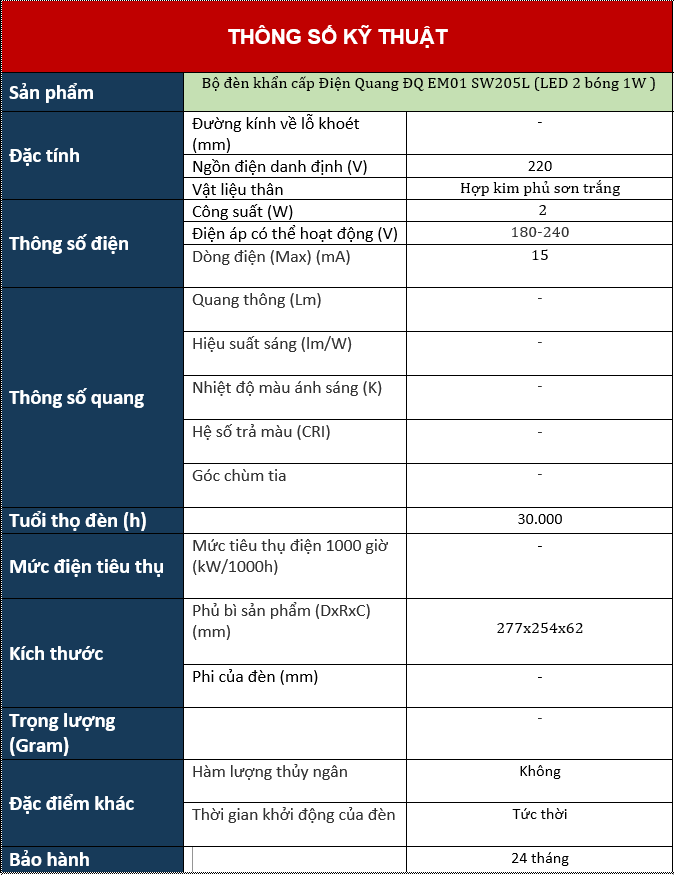 Thông số Bộ Đèn Khẩn Cấp Điện Quang ĐQ EM01 SW205L