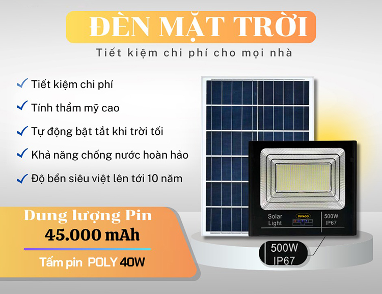 Đèn pha năng lượng mặt trời 500W TUVACO