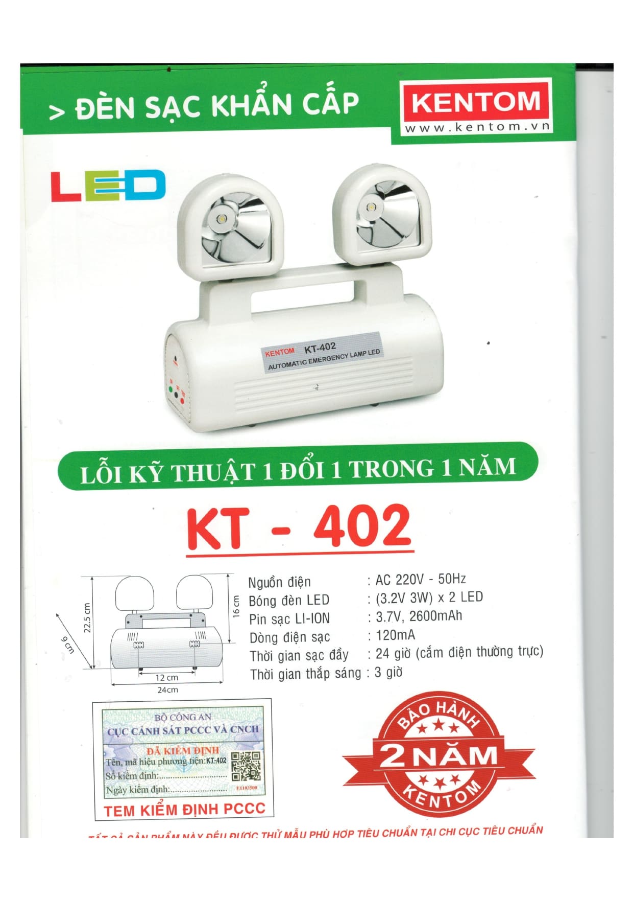 Đèn Chiếu Sáng Sự Cố KT-402 PIN (Có tem PCCC) Kentom